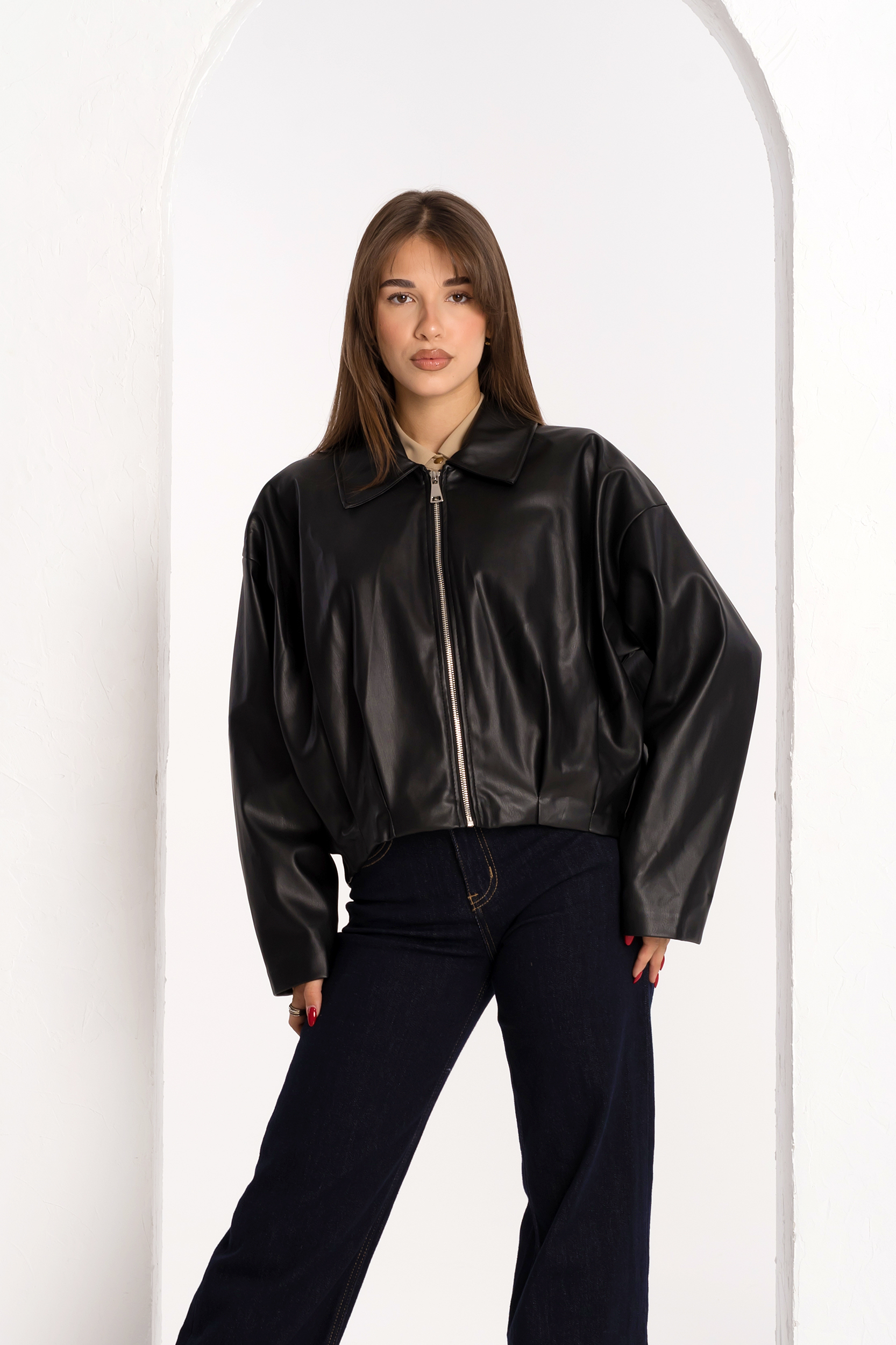 Черен кожен бомбър BLACK 