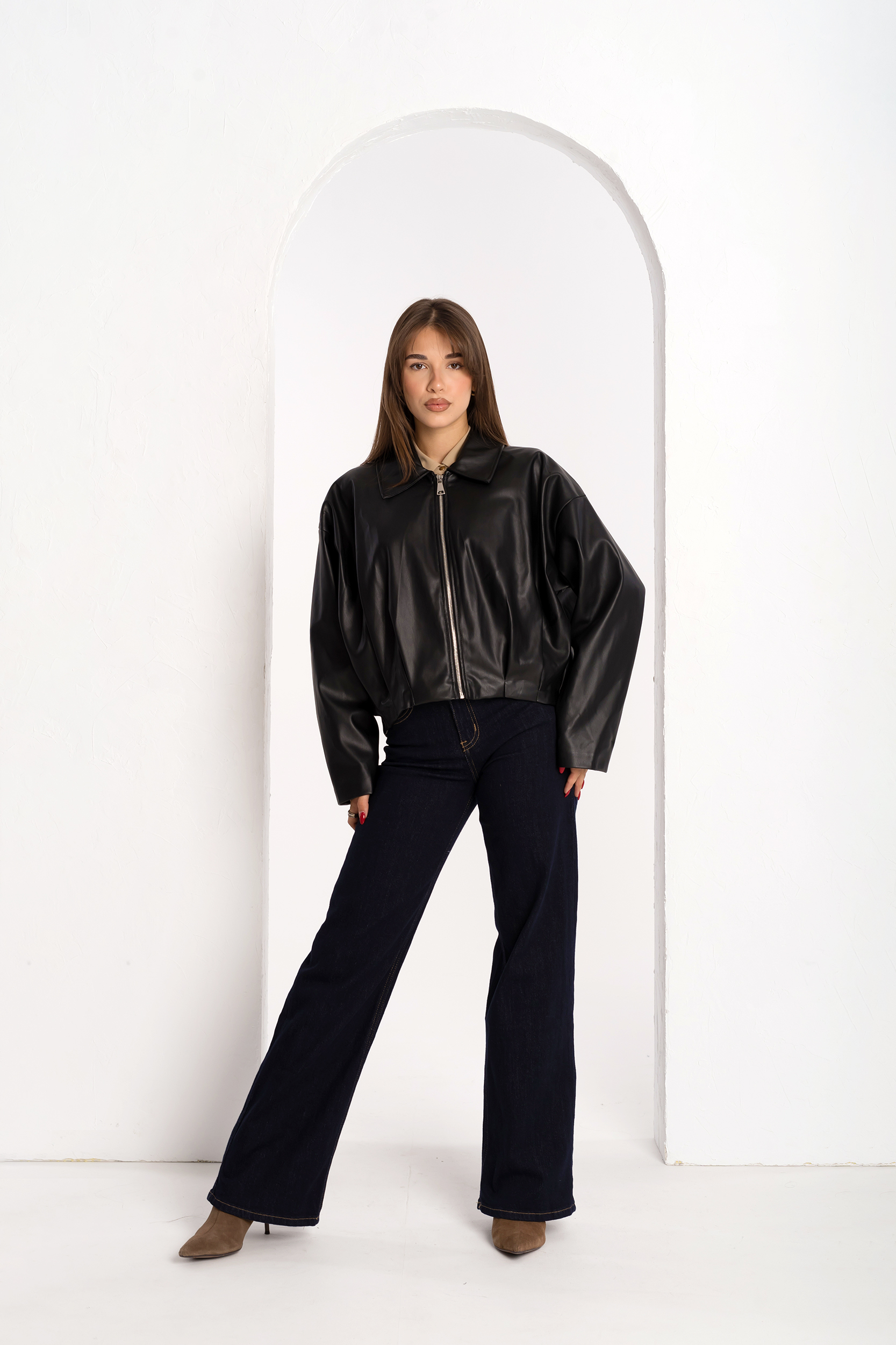 Черен кожен бомбър BLACK 